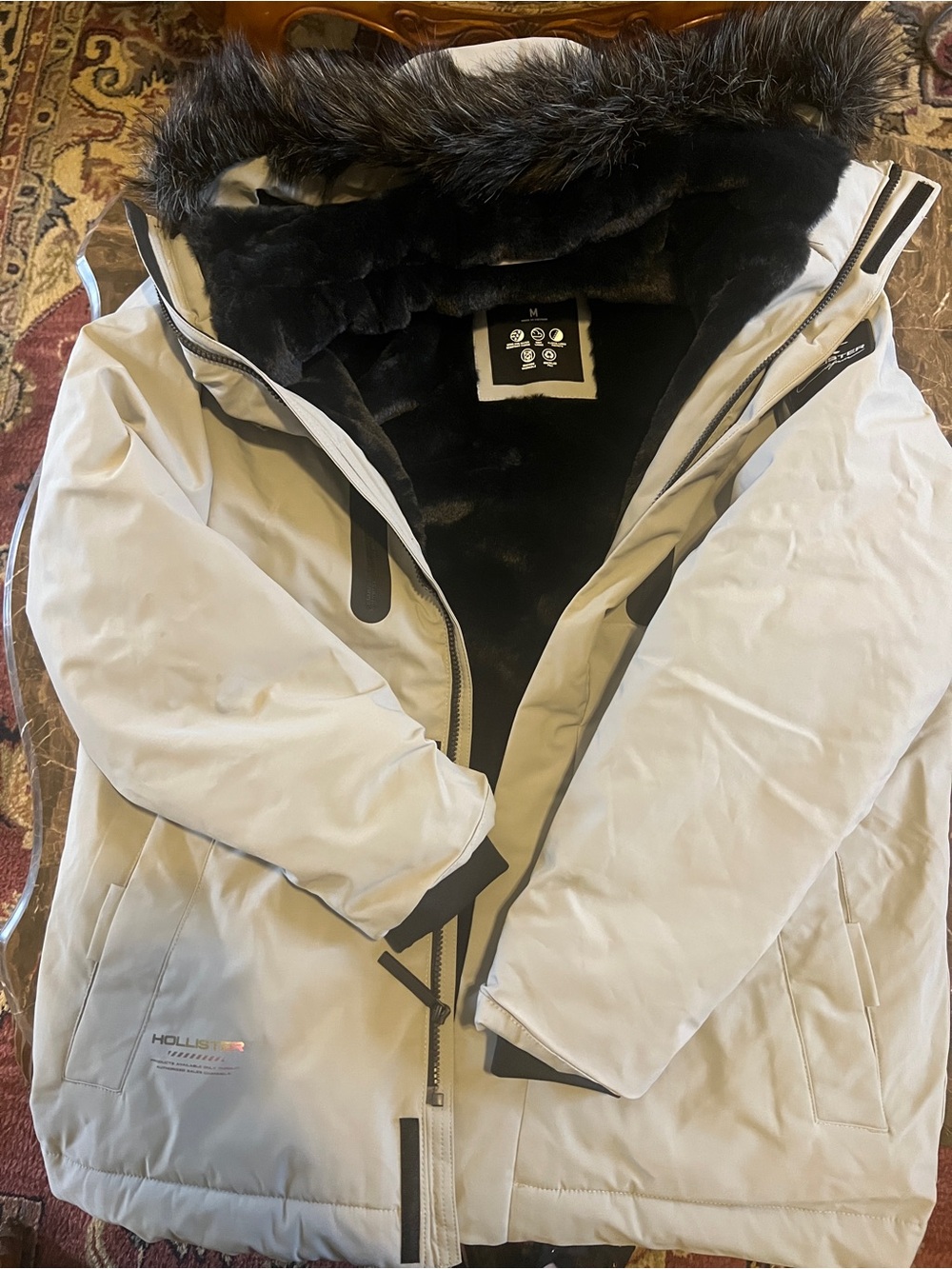 Hollister Women's Cream Ski Parka with Faux-Fur Hood